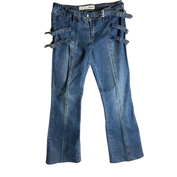 Vintage Y2K Younique Jeans Multifunktional Buckle Strap O-Ring Flare Denim Pants - Picture 1 of 8
